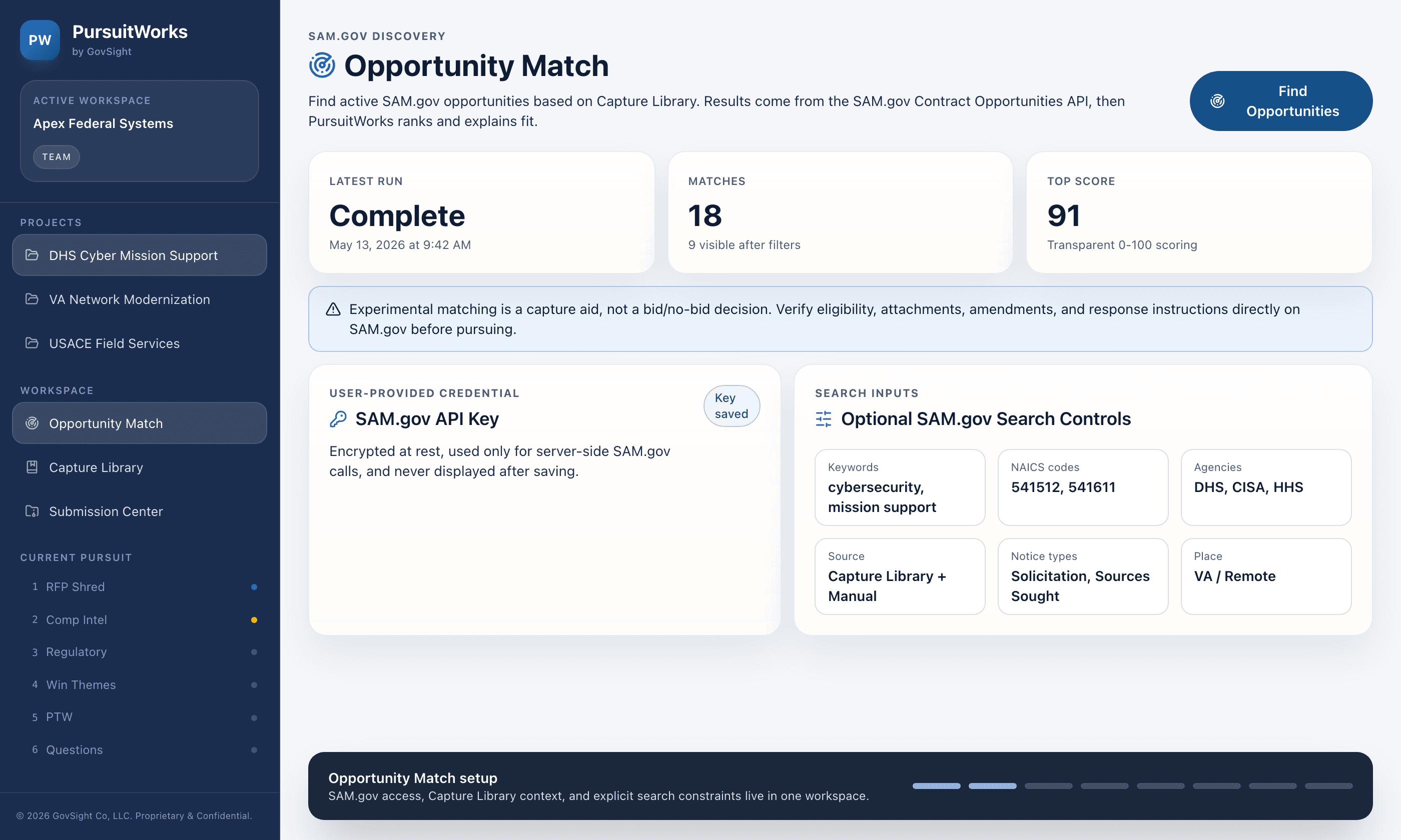 PursuitWorks Opportunity Match setup, with SAM.gov access, Capture Library context, and search constraints inside one workspace.